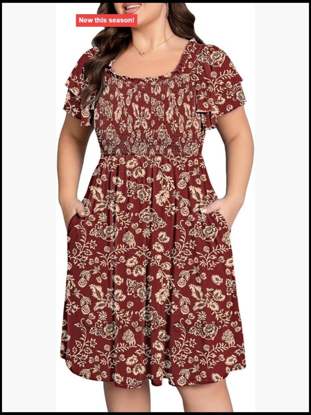 Smocked Midi Plus Size Casual Dress Short Sleeve Ruffle Neck Party Work Dresses